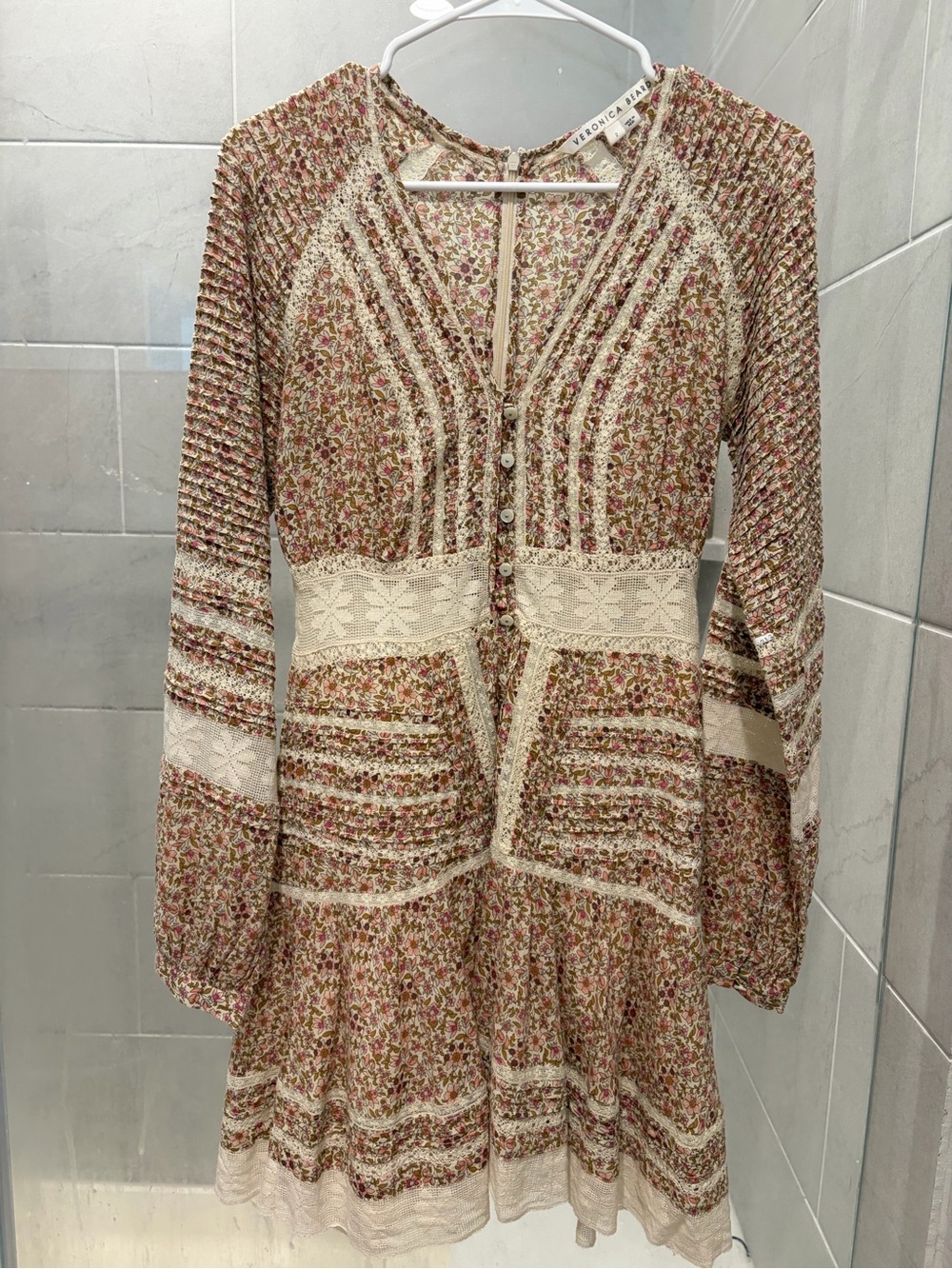 Veronica Beard Floral Lace-Trim Long Sleeve Dress in Cream and Pink Multi